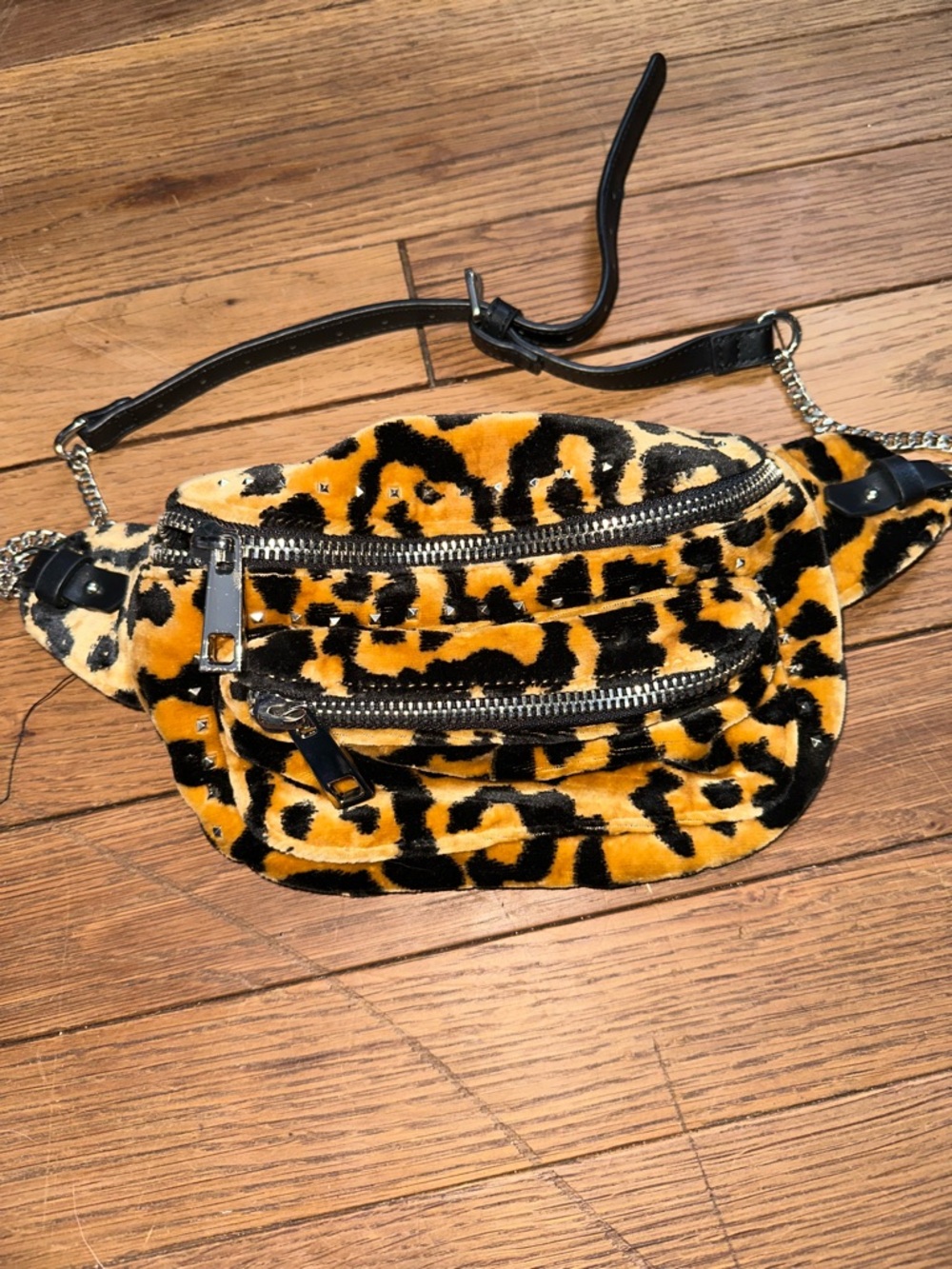 Leopard Print Velvet Belt Bag - Black & Gold